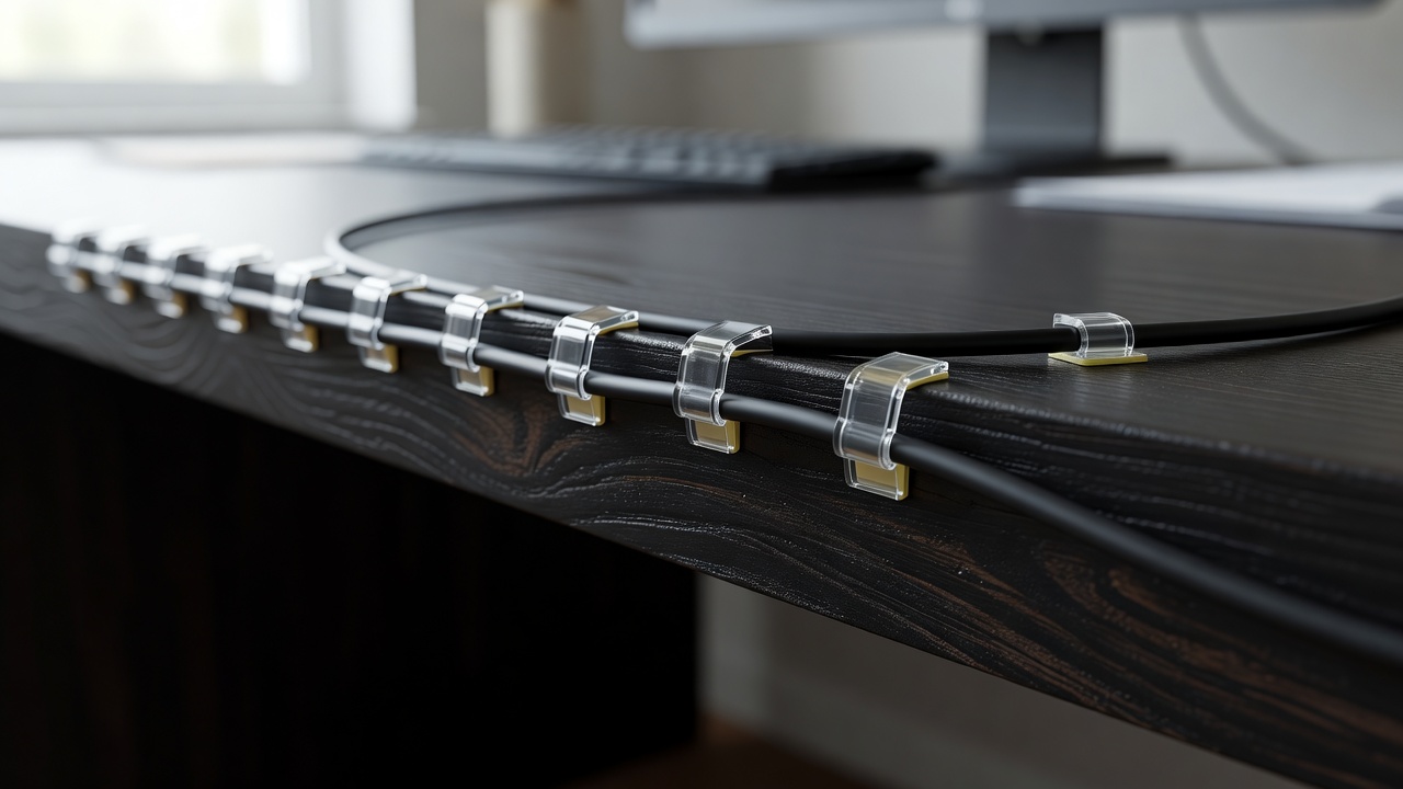 Adhesive clips holding a cable along a dark desk edge