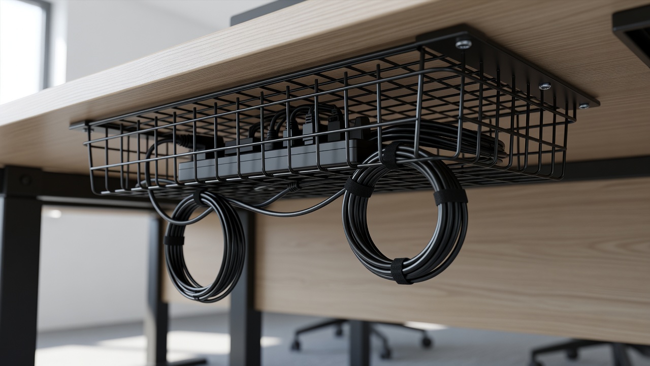 Cable tray under a desk with looped cords