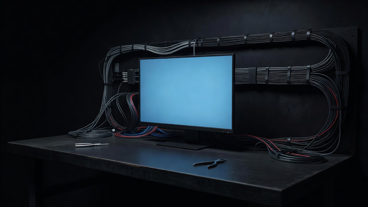 Glowing monitor with neatly bundled cables behind it