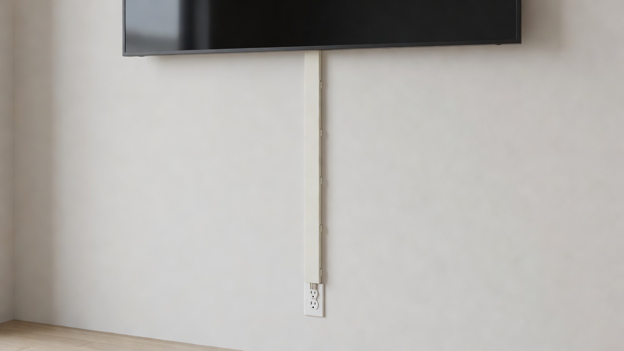 Paintable cable raceway running from a wall-mounted television down to a socket